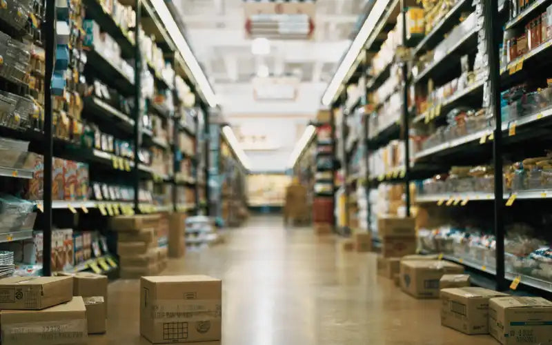Cardboard boxes in a supermarket aisle.